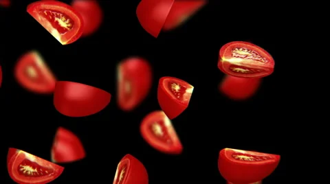 Tomato segments falling on black background, seamless loop, CG Stock Footage 65029121