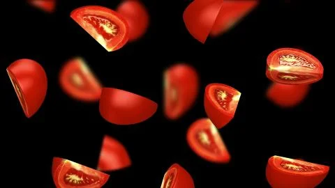 Tomato segments falling on black background, 3d illustration Stock Illustration