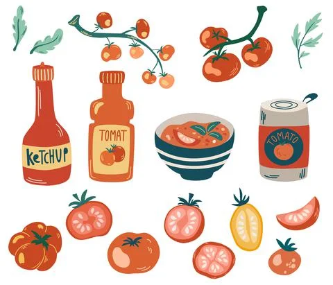 Tomato set. Ketchup, mashed tomatoes, tomato sauce, gazpacho. Tomatoes whole, Stock Illustration