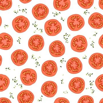 Tomato slice seamless pattern. Overhead view of isolated red colour tomato 스톡 일러스트