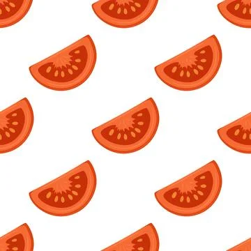 Tomato Slice Seamless Pattern, Vector Illustration. Quarter Tomato Slice on Illustrazione stock
