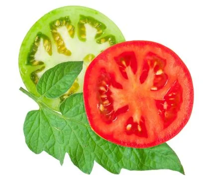 Tomato sliced with green leaf Stock Photos