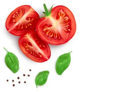 Tomato slices with basil leaf isolated on white background. Clipping path. Top Foto stock