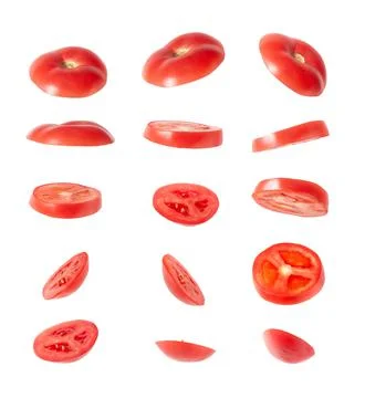 Tomato slices at different angles on a white background Stock Photos