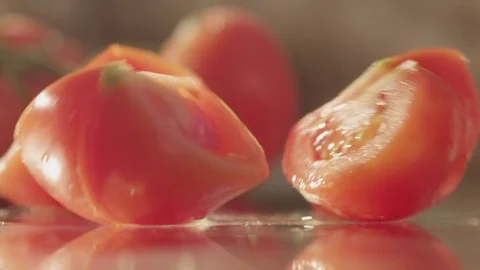 Tomato slices fall on glass RAPID 100fps (FEW SHOTS) Stock Footage 74657235
