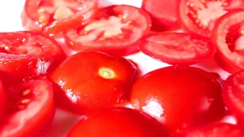 Tomato slices rotating closeup texture pattern background Video stock 97247271