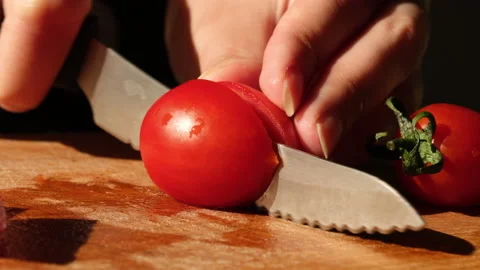Tomato slicing at board close up Stock Footage 155079401