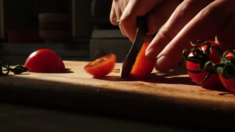 Tomato slicing at board close up Stock Footage 155079561