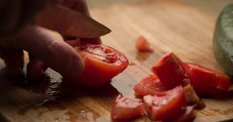 Tomato slicing slowmotion close up Stock Footage 72565947
