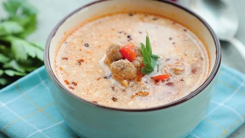 Tomato soup with meatballs. Stock Footage 190605556