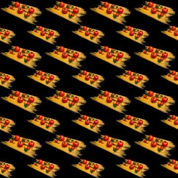 Tomato spaghetti dill on black background, pattern, close-up, templa Stock Illustration