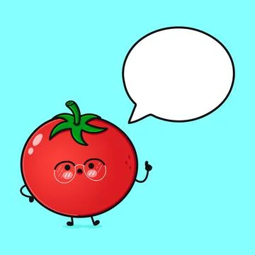 Tomato with speech bubble. Vector hand drawn cartoon kawaii character illus.. Stock Illustration