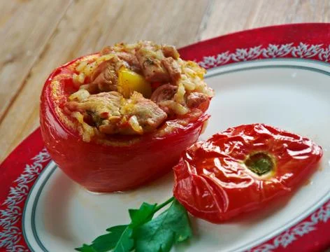 Tomato  stuffed with meat Stock Photos