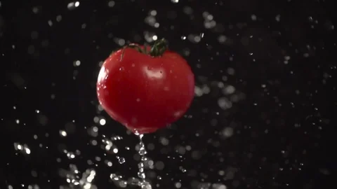 Tomato throw up with water splash droplets slow motion macro Stock Footage 124735144