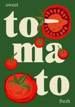 Tomato typography poster, modern kitchen wall art with red tomatoes 스톡 일러스트