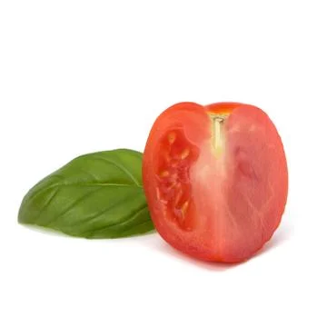 Tomato vegetable segment and basil leaf Stock Photos