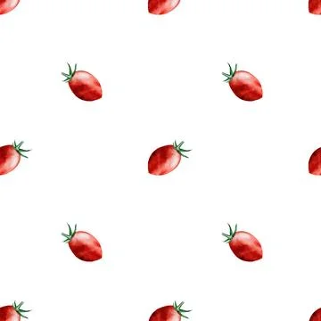 Tomato watercolor pattern. Hand drawn cherry tomatoes on a branch with black Stock Illustration