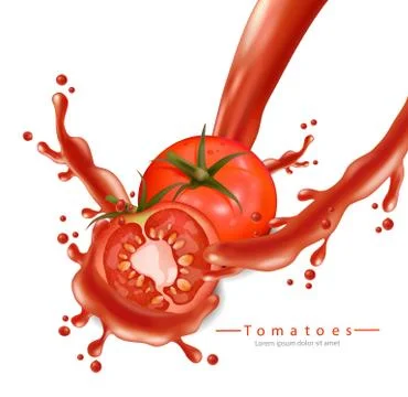 Tomatoe splash Vector realistic. Detailed 3d banner template for label, icon, Stock Illustration