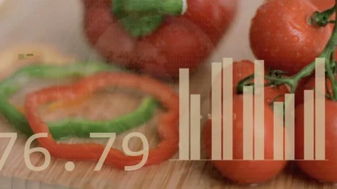 Tomatoes and pepper rings on cutting board receiving food data, showing line Stock Footage 332867370