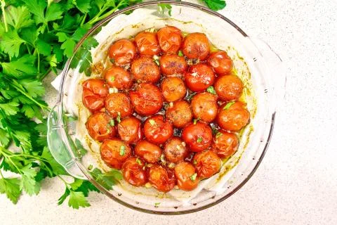 Tomatoes baked on table top Stock Photos