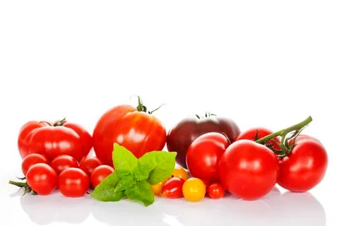 Tomatoes with basil isolated on white background Foto stock