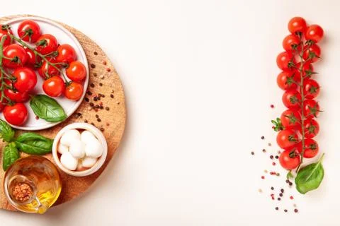 Tomatoes, basil, mozzarella cheese. Caprese salad ingredients Stock Photos