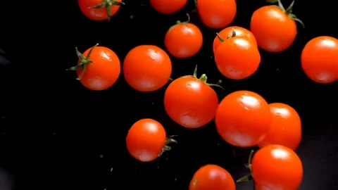 Tomatoes on a black background approach the lens. Slow motion Vídeo Stock 104630970
