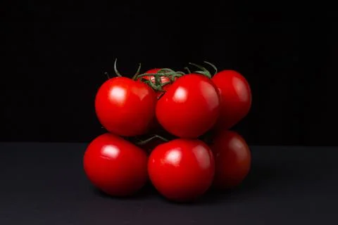 Tomatoes on a black background. Tomatoes on a vine on a dark background. Stock Photos