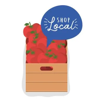 Tomatoes box with shop local inside bubble vector design Stock Illustration