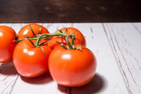 Tomatoes on a branch close-up on a white table, copy space, template Stock Photos