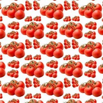 Tomatoes on a branch on a white background, pattern, flat layout, te Stock Illustration