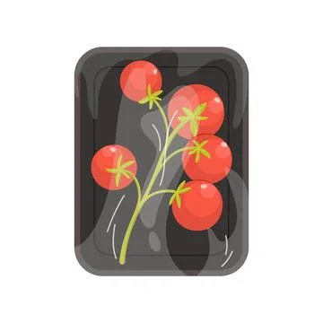Tomatoes cherry in black plastic tray, top view of styrofoam package with film Stock Illustration