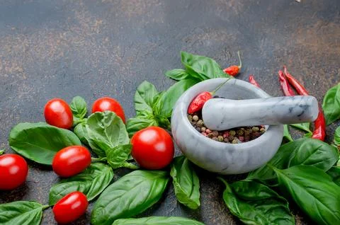 Tomatoes, chilli, basil and peper spice Stock Photos