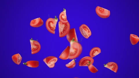 Tomatoes collide and explode into juicy slices flying and spinning Video stock 138823116