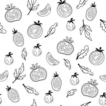 Tomatoes contour seamless pattern. Agriculture, natural food, farming. Outlin Stock Illustration