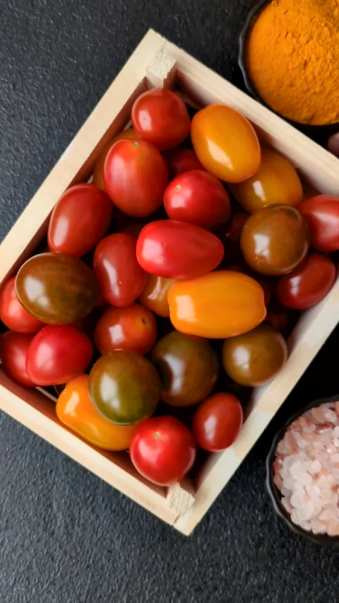 Tomatoes of different colors as a vegetable meal Stock Footage 305647311