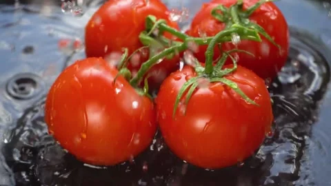 Tomatoes fall into the water, a bunch of ripe tomatoes in a spray of water, 4K Stock Footage 133386842