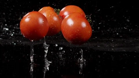 Tomatoes falling and splashing on black background 動画素材 89339772
