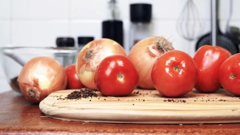 Tomatoes, onions, herbs, garlic - close up slider shot in 4K Stock Footage 74218196