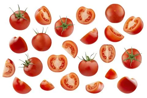 Tomatoes pattern, background. Mix of ripe tomatoes, round perfect whole, half Stock Photos