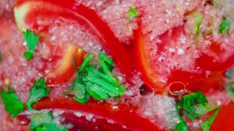 Tomatoes red cut, pickled with herbs 스톡 동영상 255033363