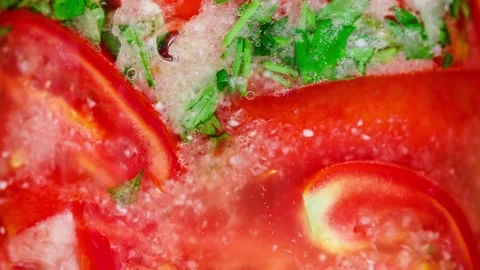 Tomatoes red cut, pickled with herbs in glass jar, selective focus, moving .. 스톡 동영상 256328890