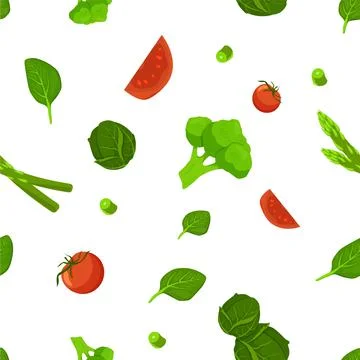 Tomatoes with salad and cabbage seamless pattern. Green broccoli swirl with red Stock Illustration