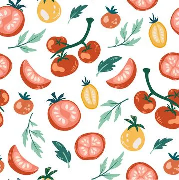 Tomatoes seamless pattern. Hand draw Ripe juicy tomatoes on a branch, slices  Stock Illustration