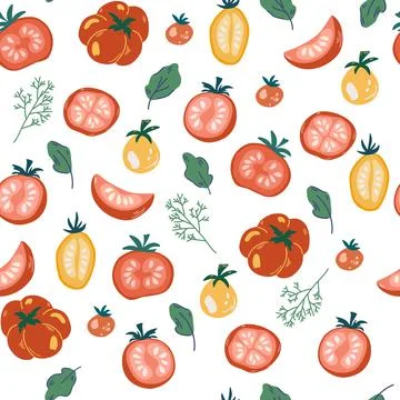 Tomatoes seamless pattern. Ripe tomatoes and greens. Vegetarian healthy food. Stock Illustration