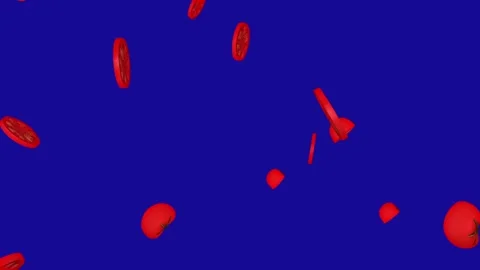 Tomatoes sliced falling down from the top blue screen effect Video stock 322893402