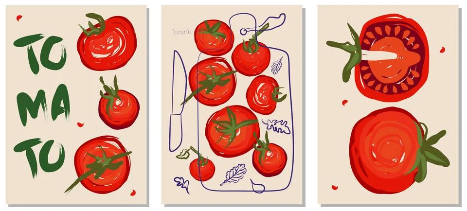 Tomatoes. Vegetables, cut tomatoes, tomatoes on a board, knife, salad Stockillustratie