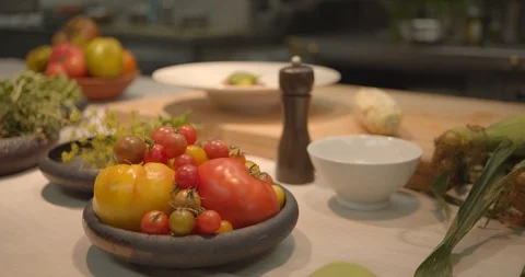 Tomatoes, Vegetables on Professional Kitchen Workstation Stock-Footage 127525319