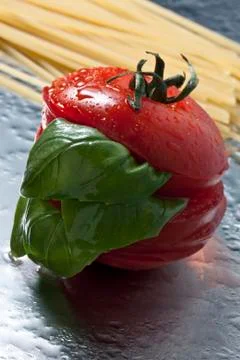 Tomatos and basil Stock Photos