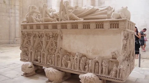 Tomb of Ines de Castro gothic Roman Catholic Alcobaça Monastery World Heritage Stock Footage 80765297